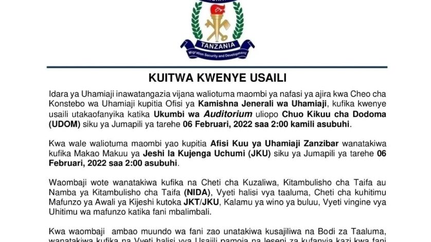 1548 Names Called for Interview at the Tanzania Immigration Department