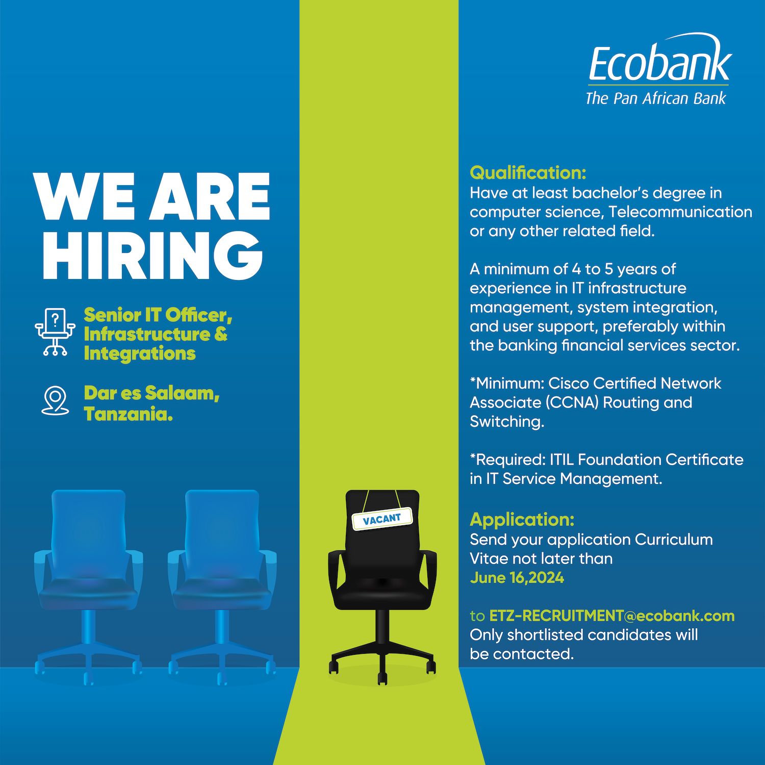 Senior IT Officer, Infrastructure & Integrations Job Vacancy at Ecobank Tanzania