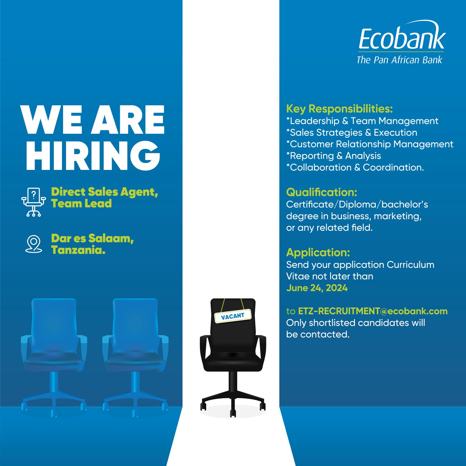 Direct Sales Agent, Team Lead Job Vacancy at Ecobank Tanzania