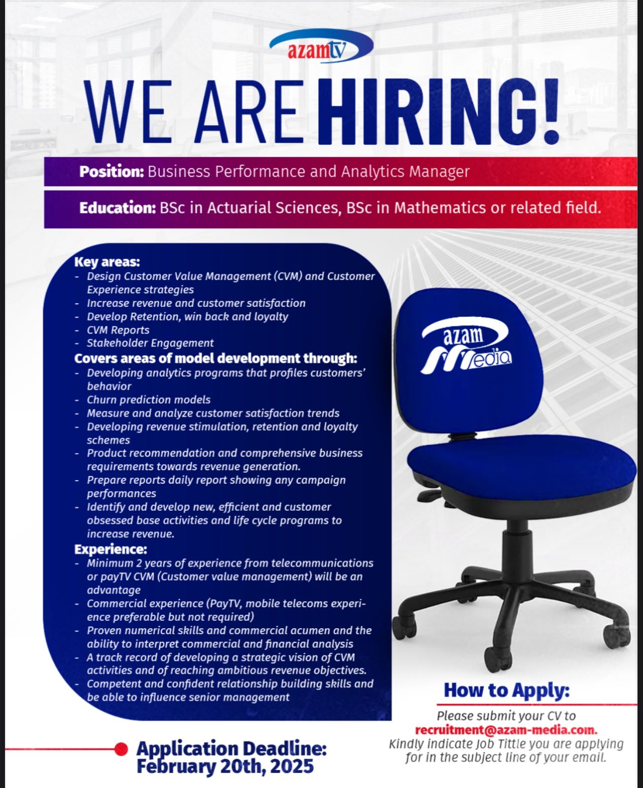 Business Performance and Analytics Manager Job Vacancy at Azam Media 