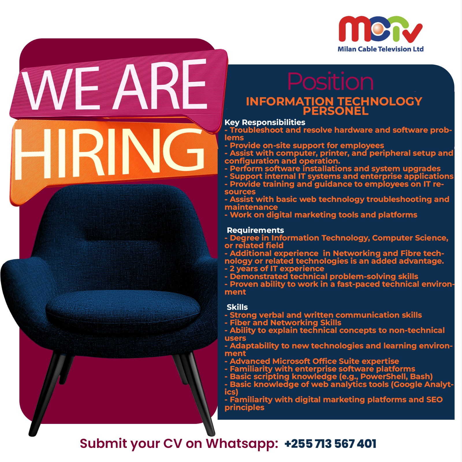 Information Technology Personnel Job Vacancy at Milan Cable Television Ltd