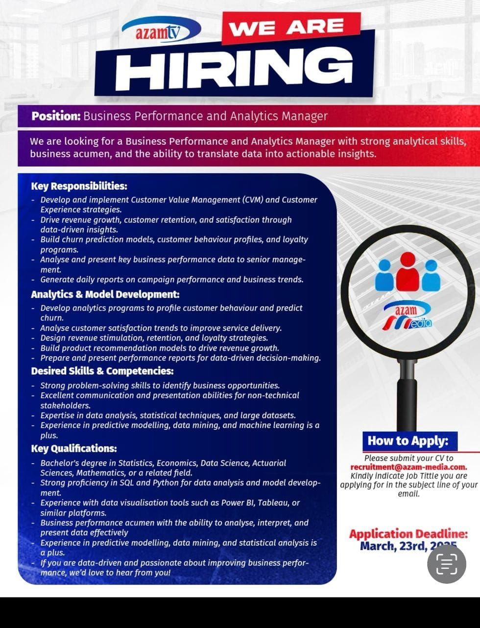 Business Performance and Analytics Manager Job Vacancy at Azam Media 