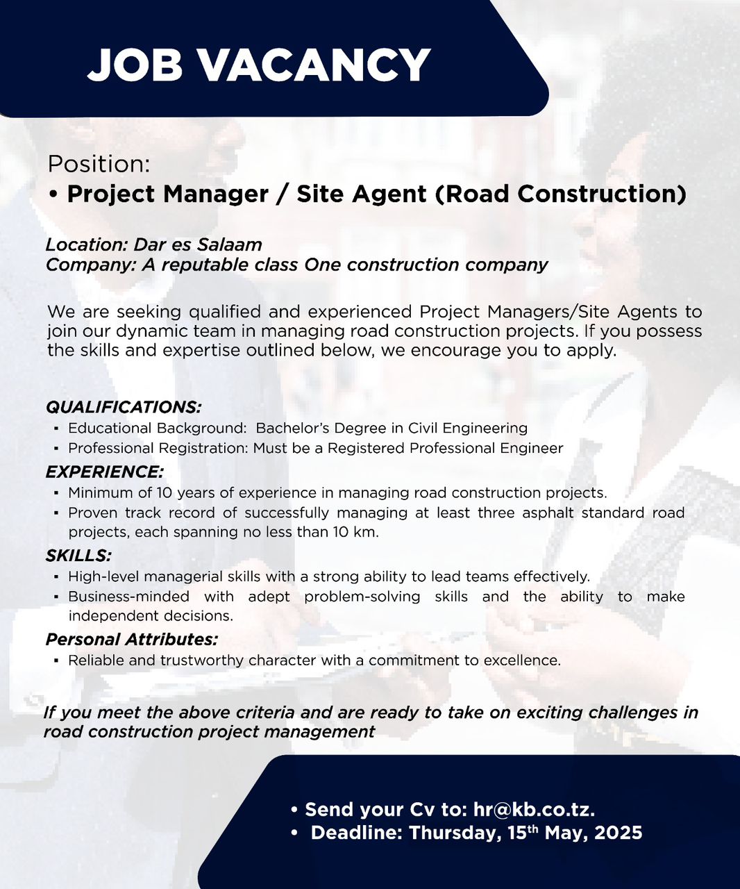 Project Manager / Site Agent (Road Construction) Job Vacancy in Dar es Salaam