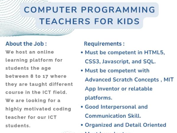 Computer Programming Teachers for Kids Needed