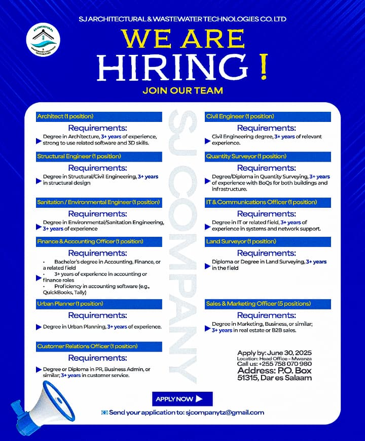 SJ Architectural & Wastewater Technologies Co. Ltd - Several new Vacancies