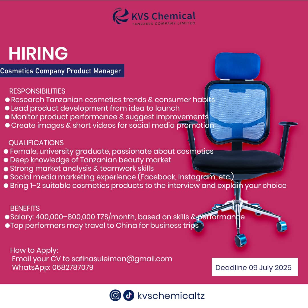 Cosmetics Company Product Manager Job Vacancy at KVS Chemical Tanzania Company Limited